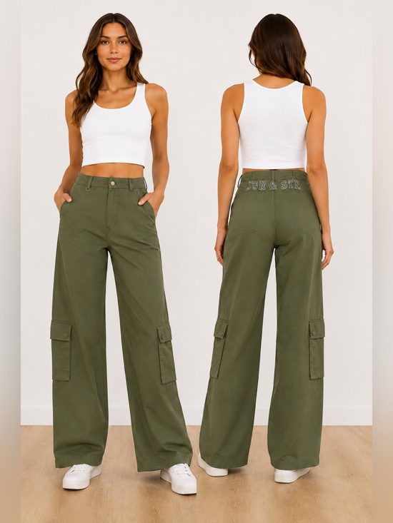JGR & STN Pants - NWT JGR & STN Olive Green High Rise Wide Leg Cargo Pants US 14 AU 14 EU‎ 32